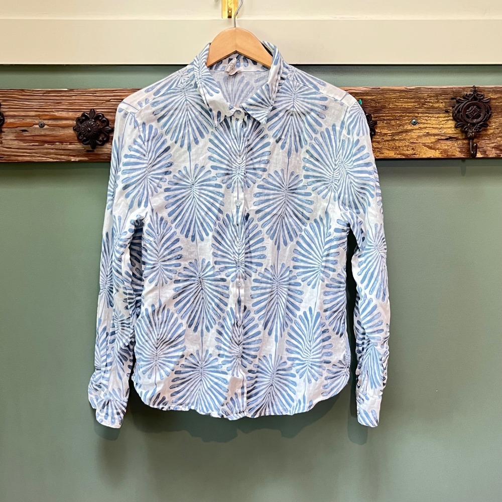 Joie Women XL Blue White Palm Leaf Print 100% Linen Button Up Shirt Long Sleeve